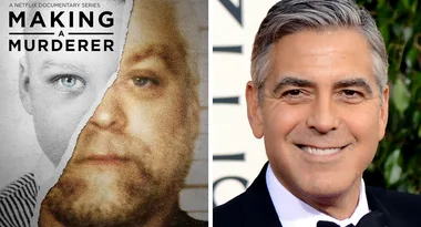 Split image: left side shows "Making a Murderer" poster, right side shows a smiling man in a suit.