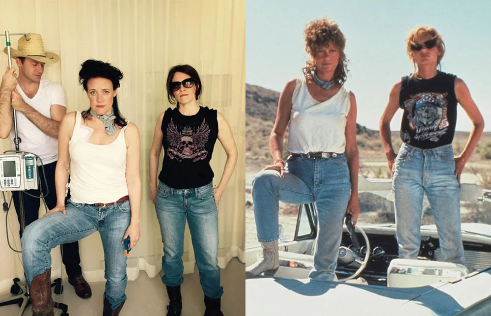 "Two images side by side; on the right, a reenactment of the iconic 'Thelma and Louise' with a humorous twist on the left."