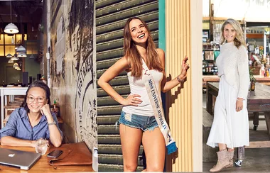 Three women: one in a café, one wearing a Miss Universe Australia sash, and one dressed in white standing outdoors.