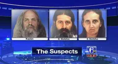 News graphic showing three mugshots labeled: Kaplan, D. Stoltzfus, and S. Stoltzfus, with caption "The Suspects."