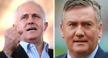 Two men pictured side by side; one is speaking with a fist raised, and the other is looking seriously ahead.