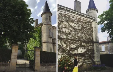 Two images of a stone building with a tower; left shows greenery, right has leafless vines and a person in a yellow skirt.