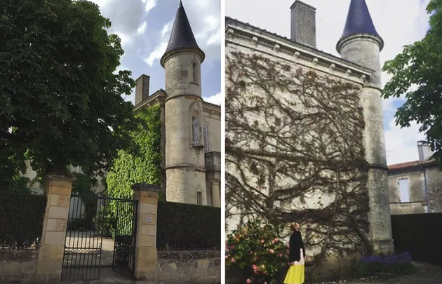 Two images of a stone building with a tower; left shows greenery, right has leafless vines and a person in a yellow skirt.