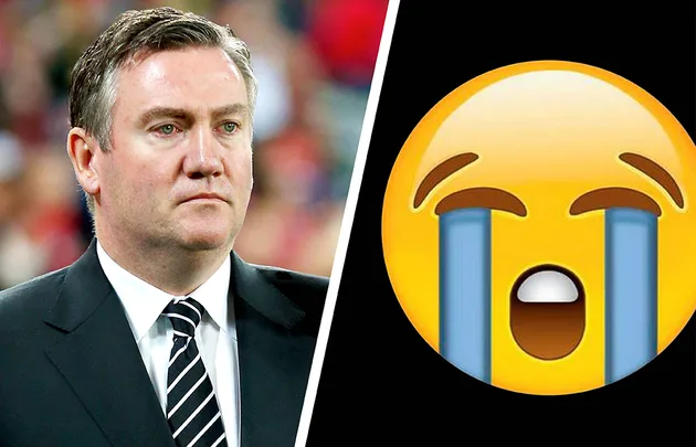 Man in suit looking serious next to crying emoji on split image background.