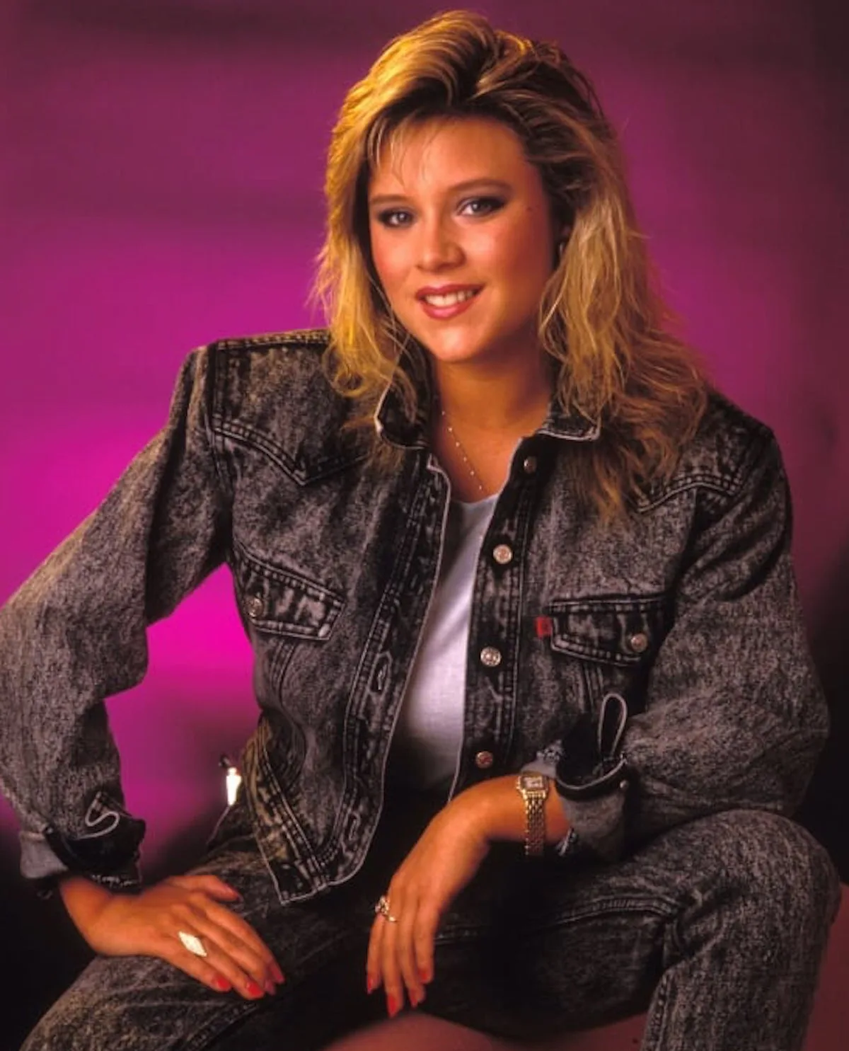 Samantha Fox in acid wash denim in 1989.