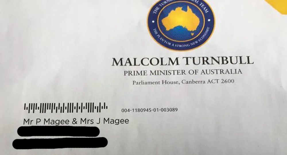 Envelope addressed from Malcolm Turnbull, Prime Minister of Australia, with recipient names blacked out.
