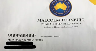 Envelope addressed from Malcolm Turnbull, Prime Minister of Australia, with recipient names blacked out.