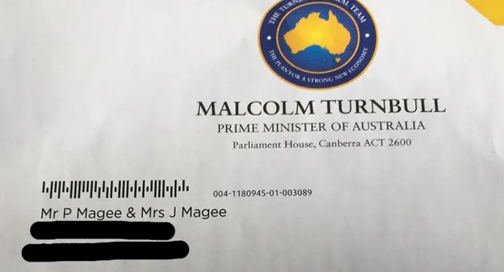 Envelope addressed from Malcolm Turnbull, Prime Minister of Australia, with recipient names blacked out.