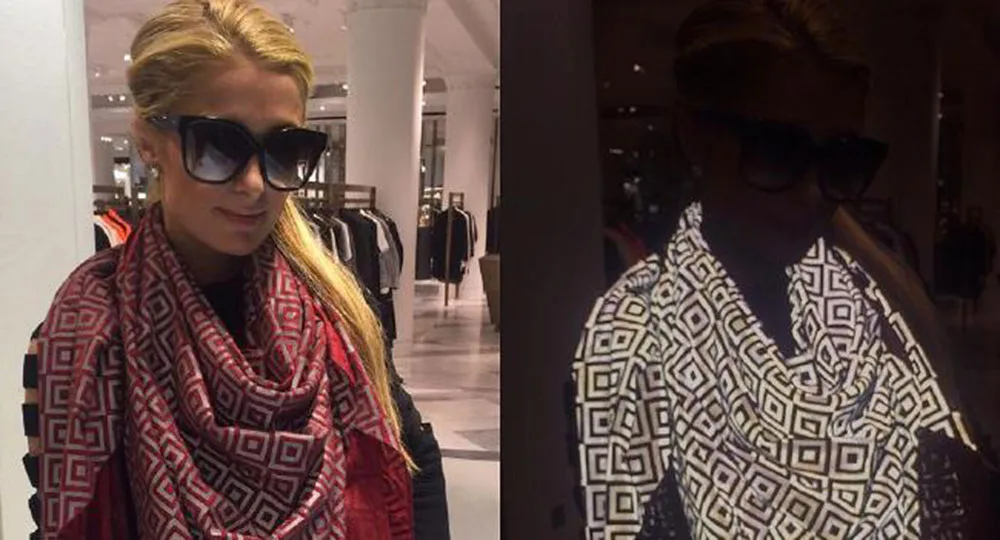 Person wearing reflective patterned scarf in two lighting conditions; one in dim light showing bright reflection.