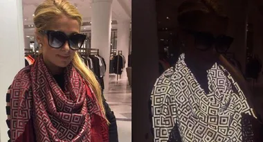 Person wearing reflective patterned scarf in two lighting conditions; one in dim light showing bright reflection.