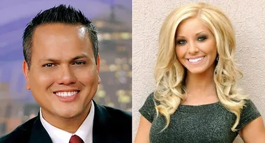 A smiling man in a suit and tie next to a smiling woman with long blonde hair in a grey dress.