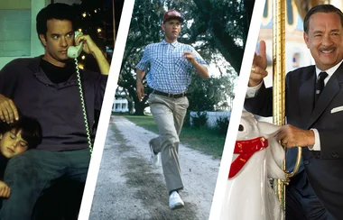 Three scenes of a man on phone, running, and posing with carousel horse, each from different films.