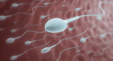 Illustration of swimming sperm cells on a reddish background.