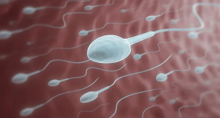 Illustration of swimming sperm cells on a reddish background.