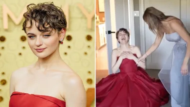 Joey King falls over in her Emmy’s gown