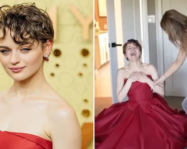 Joey King falls over in her Emmy’s gown