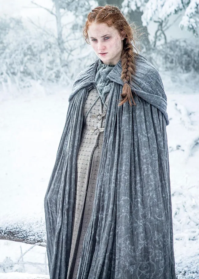 Woman with braided hair in a snowy landscape, wearing a grey cloak and winter attire.