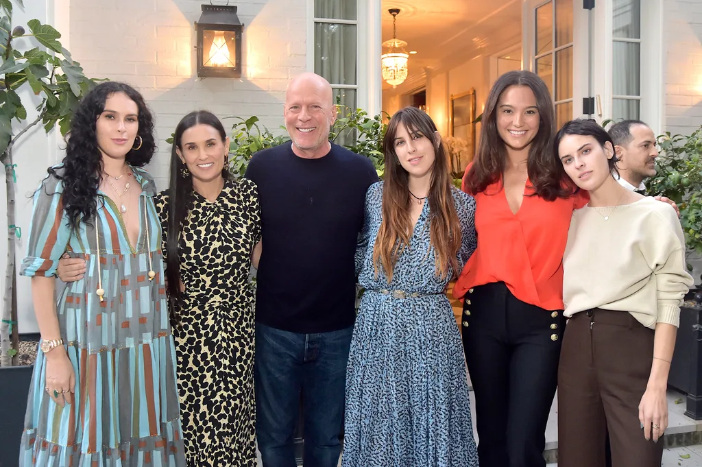 Rumer Willis, Demi Moore, Bruce Willis, Scout Willis, Emma Heming Willis and Tallulah Willis attend Demi Moore's 'Inside Out' Book Party on September 23, 2019 in Los Angeles, California.