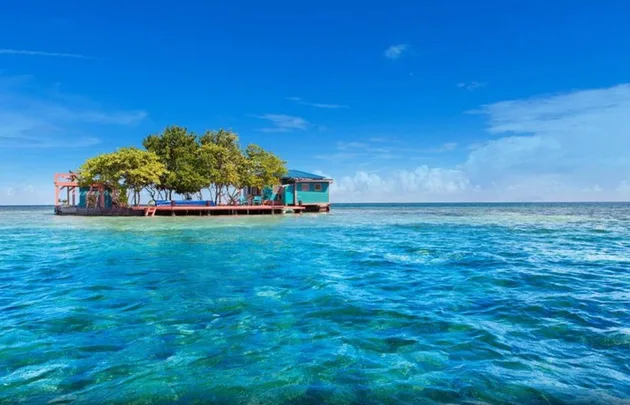 Small, lush green private island with a house, surrounded by clear blue ocean under a bright blue sky.