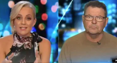 Two people speaking on a split-screen TV show, with colorful background lights.