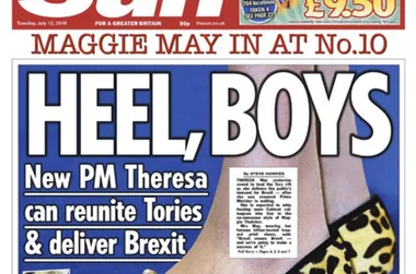 Cover of The Sun newspaper with headline "Heel, Boys," showing a person in leopard print heels, dated July 12, 2016.