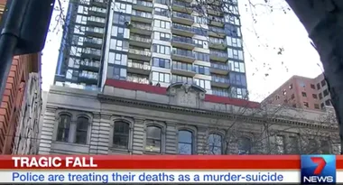 Apartment building seen from below; news ticker reads "Tragic Fall: Police are treating their deaths as a murder-suicide."