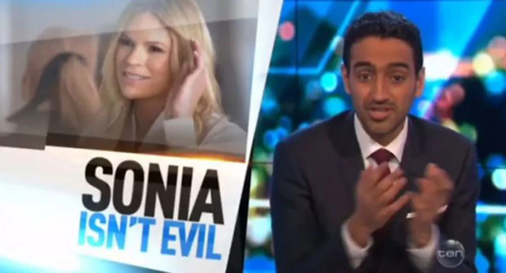 News program screenshot with headline "Sonia Isn't Evil" and host speaking animatedly in a suit.