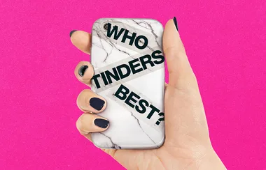 Hand holding a phone with a marble case saying "Who Tinders Best?" against a pink background.
