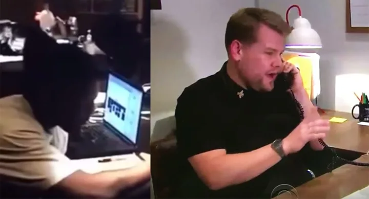 Two men in separate photos: one at a laptop in a dim room, the other on a phone in an office.