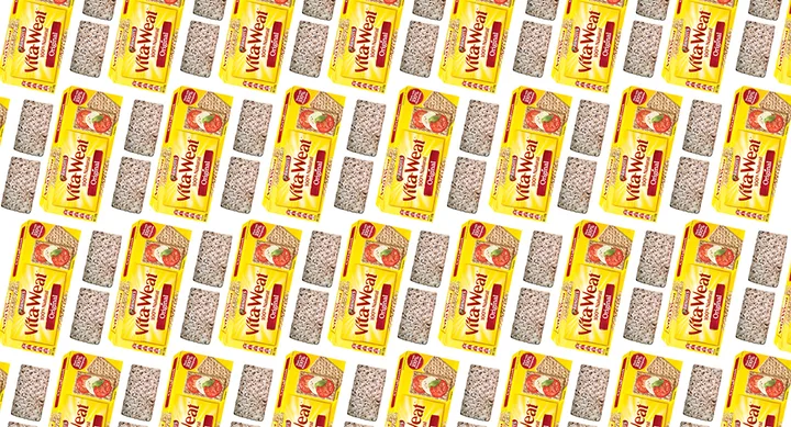 Pattern of yellow packaging for Arnott's Vita-Weat Crispbread with tomato and cheese image on the label.