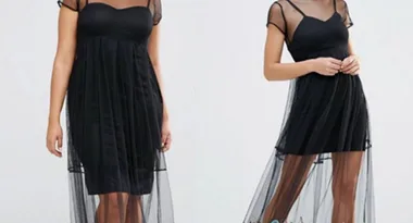 A model wearing a black dress with sheer overlay and short sleeves, shown in two different poses.