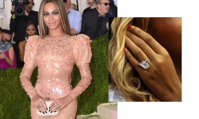 A woman in a jeweled gown at an event, inset shows her hand with a large diamond ring.