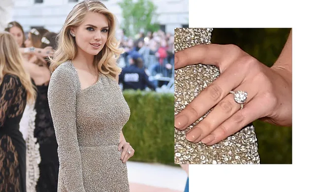 A woman in a sparkly dress at an event, inset shows a close-up of her hand wearing a diamond ring.