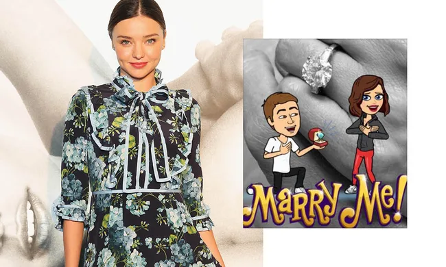 A person in a floral dress stands smiling; inset cartoon shows a proposal scene with a ring, and text "Marry Me!".