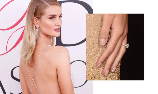Fashion model with long earrings, bare back dress, and close-up of her hand showing an elegant ring and manicured nails.