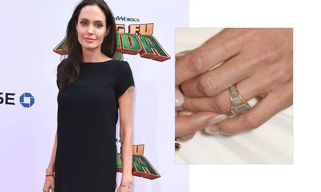 Woman in black dress at an event; inset shows her hands with a ring.
