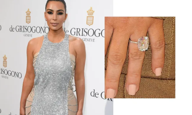 Woman in a silver dress at an event, inset shows her hand with a large oval diamond ring.