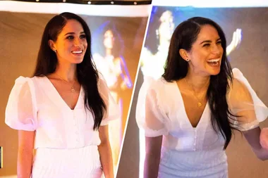 Meghan Markle Looked Radiant In A Sheer White Blouse And Pencil Skirt At The National Theatre