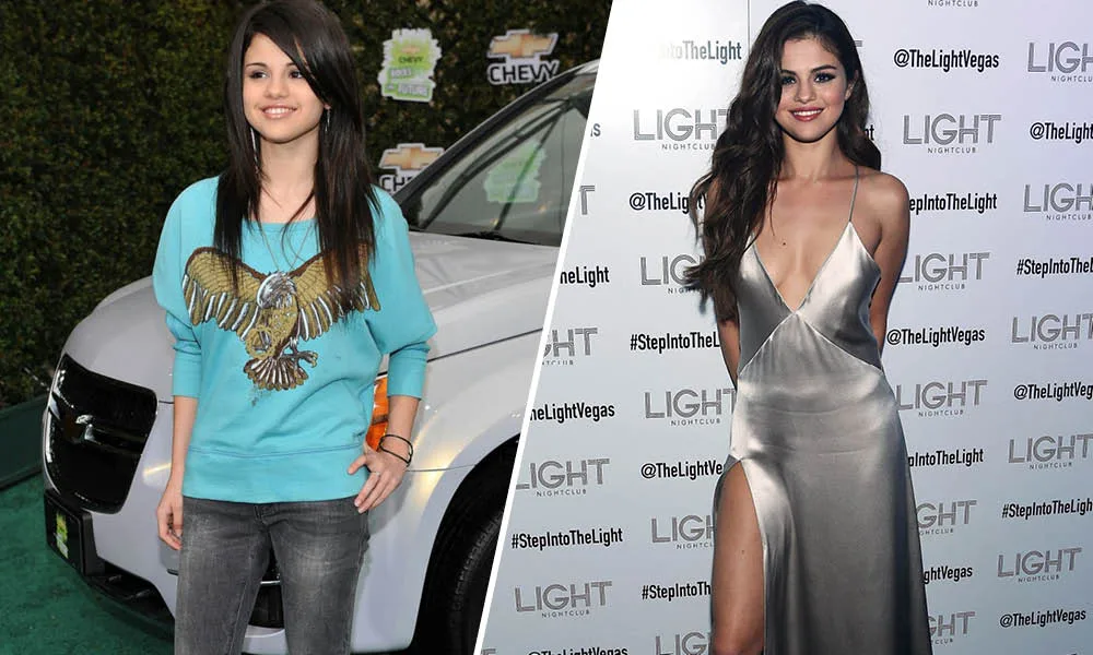 Two side-by-side images of a woman at different events, one in casual wear and the other in a silver dress.