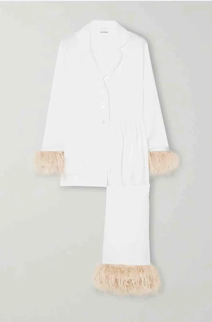 Sleeper Party feather-trimmed crepe de chine pajama set