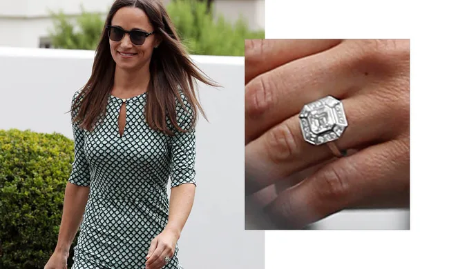 A woman in a patterned dress with sunglasses smiles; close-up of an octagonal diamond ring on her hand.