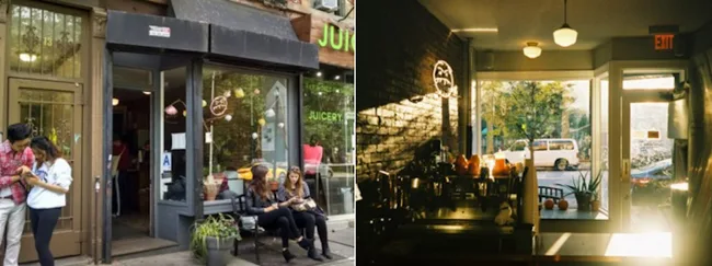 Exterior and interior views of a juice bar, customers sitting outside, warm sunlight filtering through the caf&eacute;.