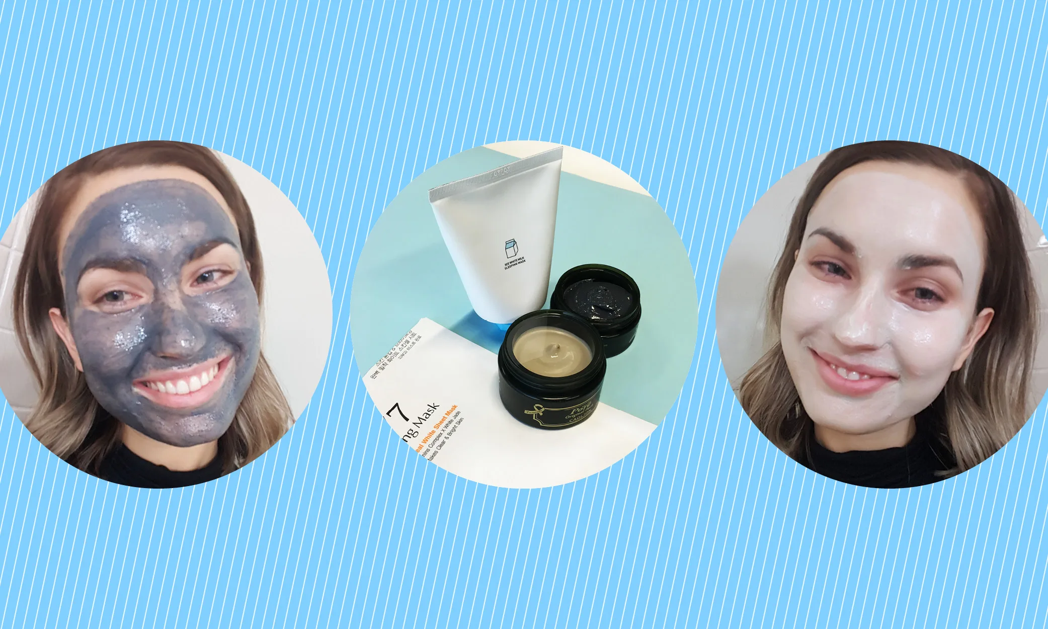 Woman smiling with black face mask, various skincare products, and smiling with white face mask.