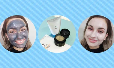 Woman smiling with black face mask, various skincare products, and smiling with white face mask.