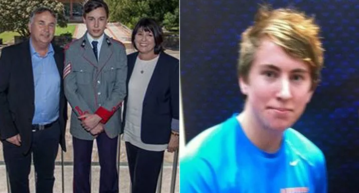 A young man in a uniform stands with two adults; another photo shows him in a blue shirt, looking at the camera.