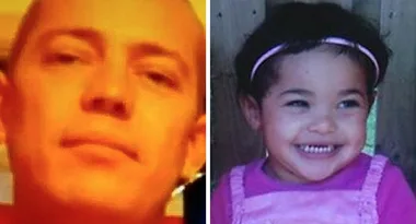 Two side-by-side images: a man on the left with short hair and a cheerful young girl on the right in pink.
