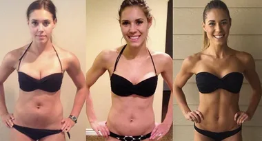 "Three images of a woman in a black bikini showing weight loss transformation over time."