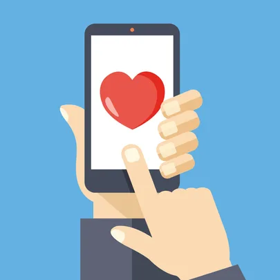 Illustration of a hand holding a smartphone with a red heart on the screen, against a blue background.