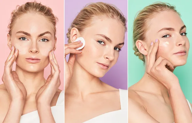 Three images of a woman applying skincare products; moisturizer, toner on cotton pad, and eye cream.