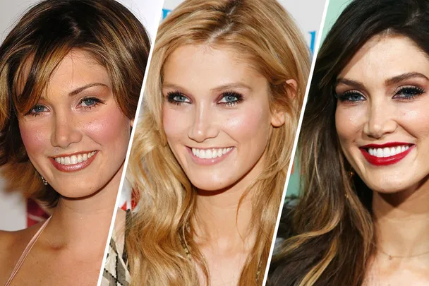 A woman shown in three different hairstyles: short brown, long blonde, and long dark brown, all smiling.